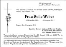Traueranzeige Sofie Weber