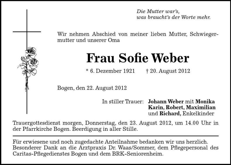 Traueranzeige Sofie Weber