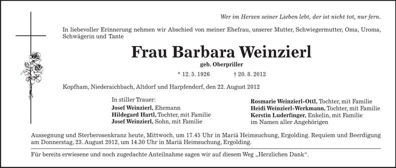 Traueranzeige Barbara Weinzierl