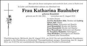 Traueranzeige Katharina Bauhuber