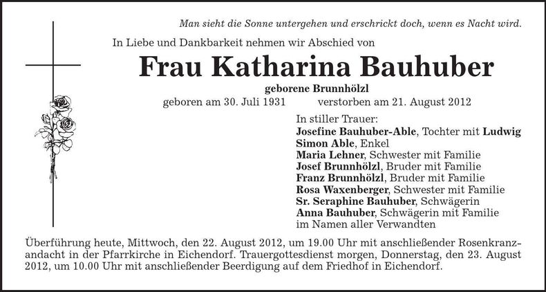 Traueranzeige Katharina Bauhuber