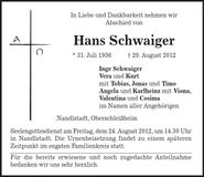 Traueranzeige Hans Schwaiger
