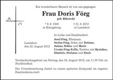 Traueranzeige Doris Förg