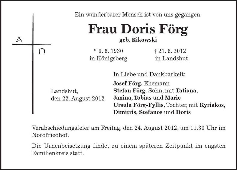 Traueranzeige Doris Förg