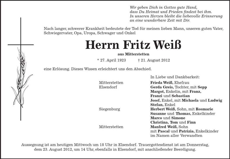 Traueranzeige Fritz Weiß