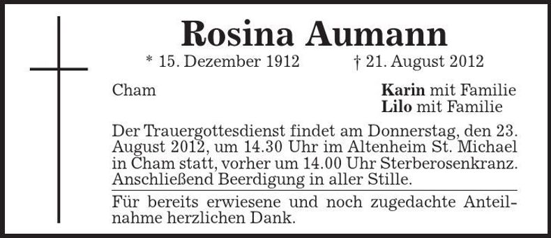 Traueranzeige Rosina Aumann