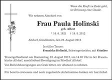Traueranzeige Pula Holinski