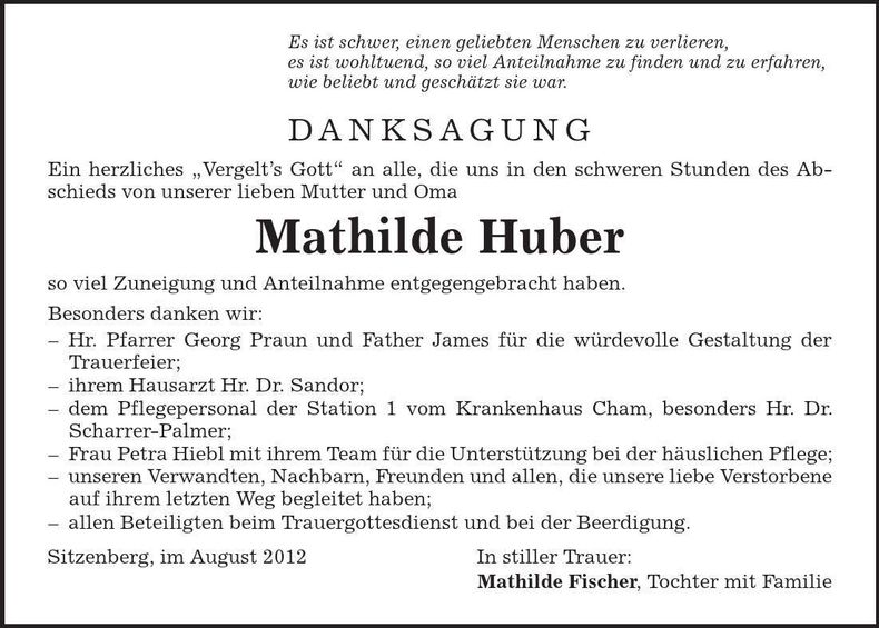 Traueranzeige Mathilde Huber