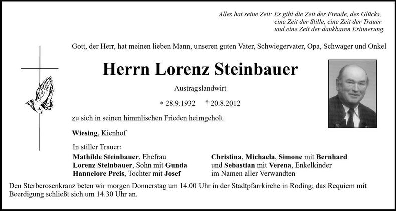 Traueranzeige Lorenz Steinbauer