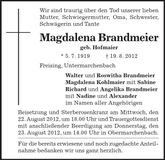 Traueranzeige Magdalena Brandmeier