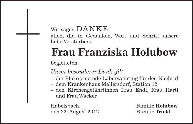 Traueranzeige Franziska Holubow