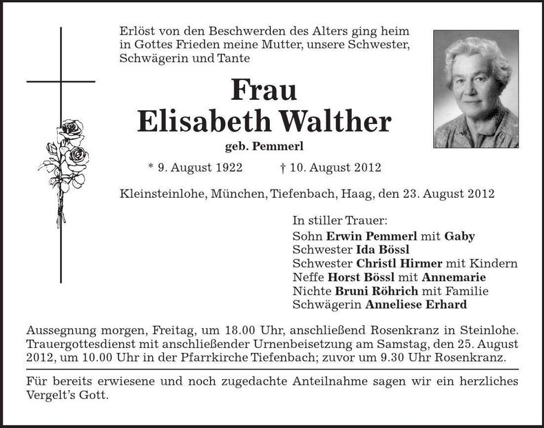 Traueranzeige Elisabeth Walther