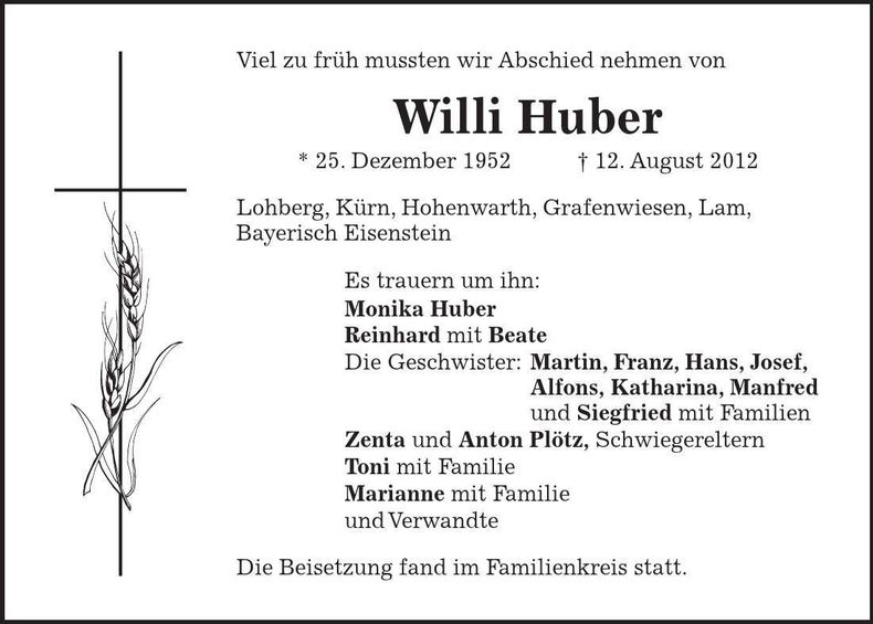 Traueranzeige Willi Huber
