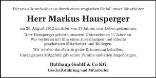 Traueranzeige Markus Hausperger