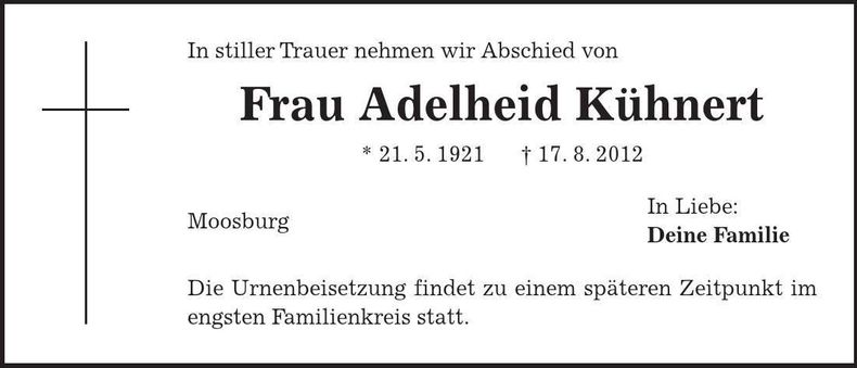 Traueranzeige Adelheid Kühnert