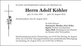 Traueranzeige Adolf Köhler