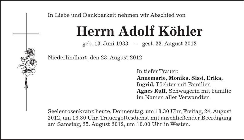 Traueranzeige Adolf Köhler