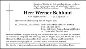 Traueranzeige Werner Schlund