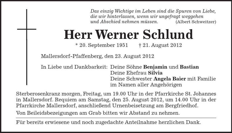 Traueranzeige Werner Schlund