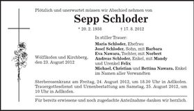 Traueranzeige Sepp Schloder