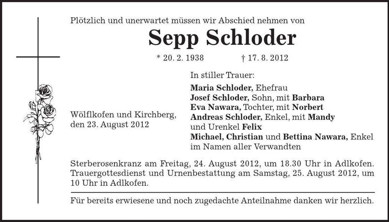 Traueranzeige Sepp Schloder