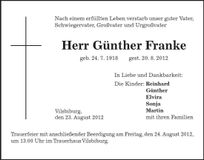 Traueranzeige Günther Franke