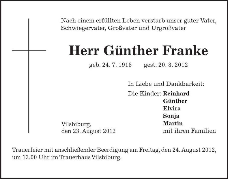 Traueranzeige Günther Franke