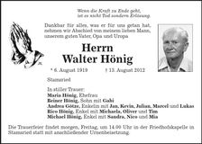 Traueranzeige Walter Hönig