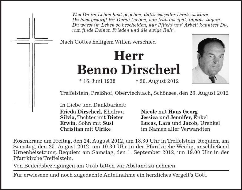 Traueranzeige Benno Dirscherl