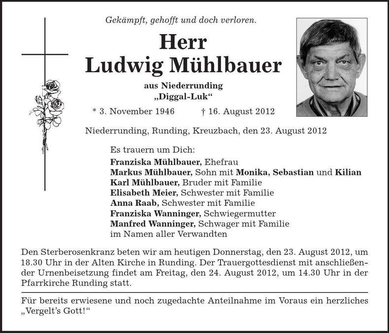 Traueranzeige Ludwig Mühlbauer