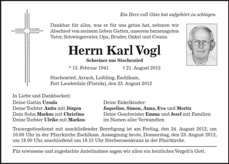 Traueranzeige Karl Vogl