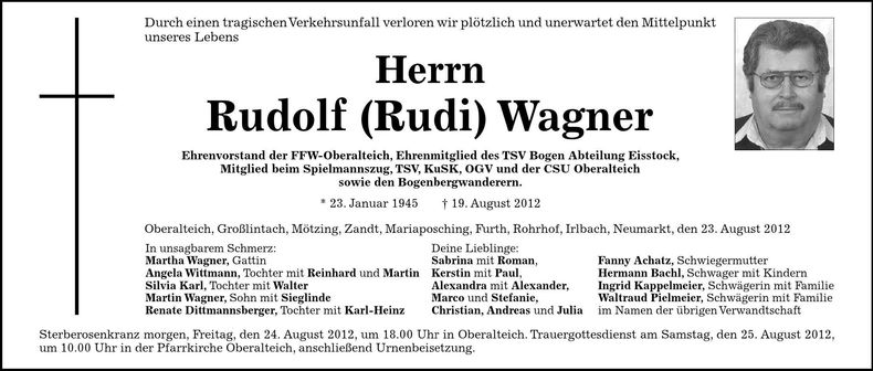 Traueranzeige Rudolf (Rudi) Wagner