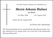 Traueranzeige Johann Hafner