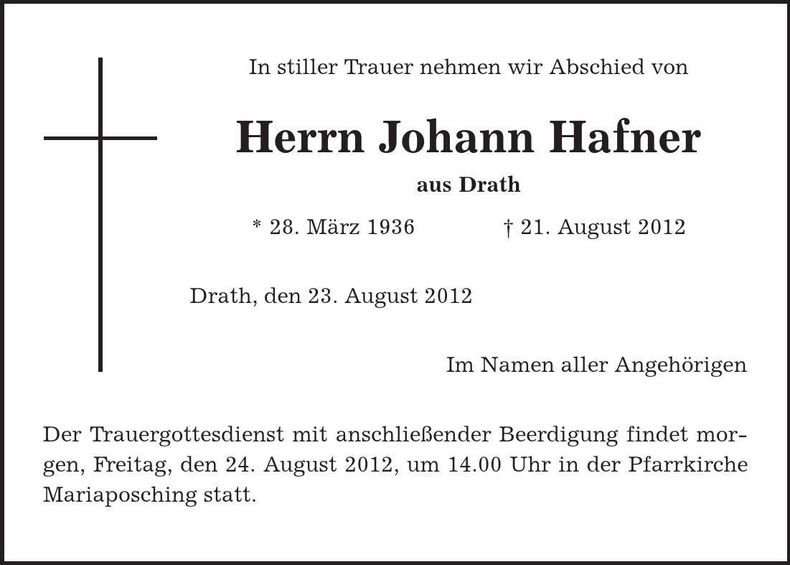 Traueranzeige Johann Hafner