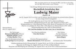 Traueranzeige  Bischöfl. Geistl. Rat Ludwig Maier