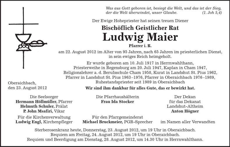 Traueranzeige  Bischöfl. Geistl. Rat Ludwig Maier