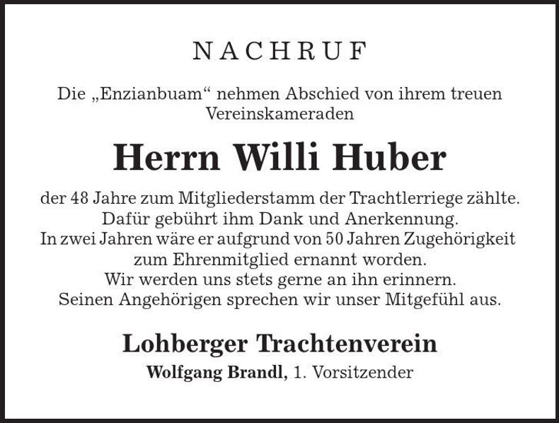 Traueranzeige Willi Huber