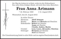 Traueranzeige Anna Artmann