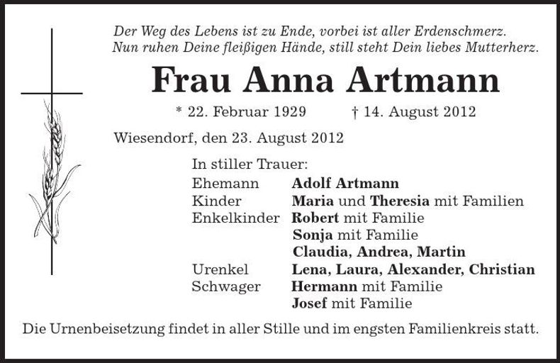 Traueranzeige Anna Artmann