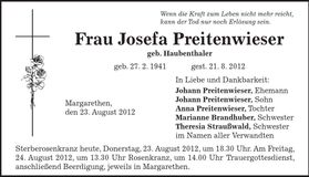 Traueranzeige Josefa Preitenwieser