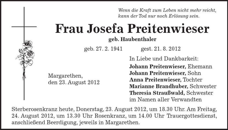 Traueranzeige Josefa Preitenwieser