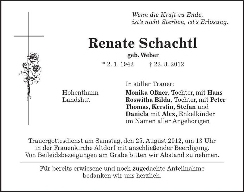 Traueranzeige Renate Schachtl