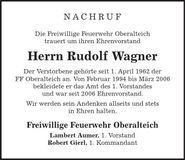 Traueranzeige Rudolf Wagner