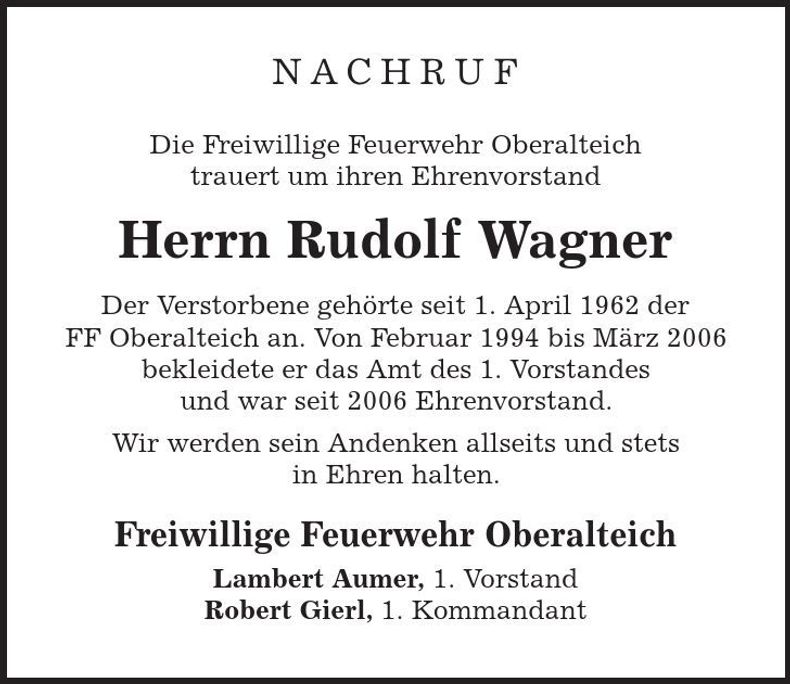 Traueranzeige Rudolf Wagner