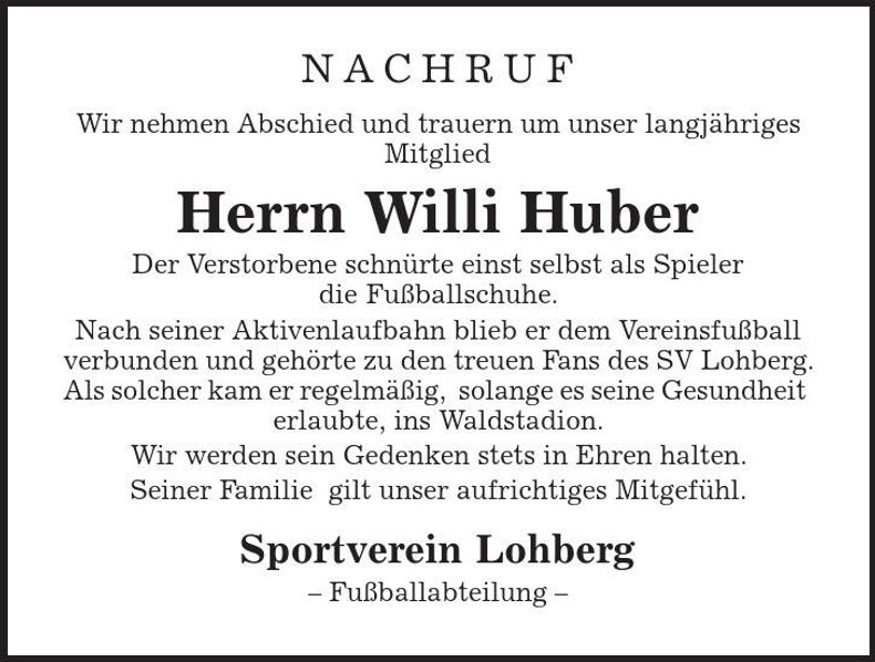 Traueranzeige Willi Huber