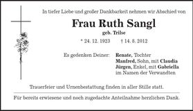 Traueranzeige Ruth Sangl