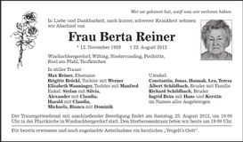 Traueranzeige Berta Reiner