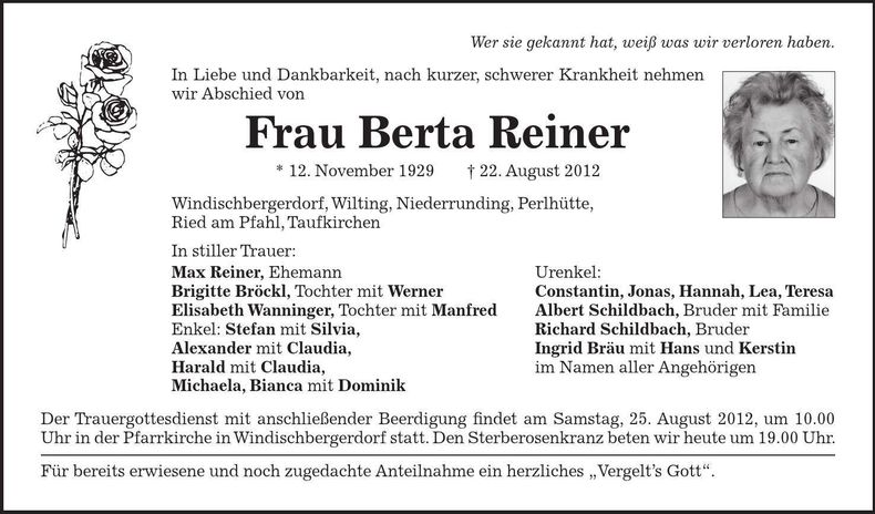 Traueranzeige Berta Reiner