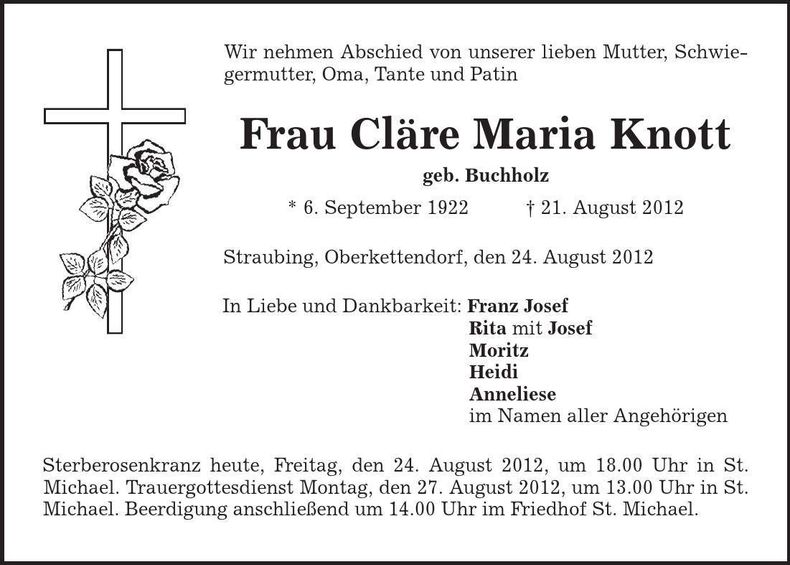 Traueranzeige Cläre Maria Knott