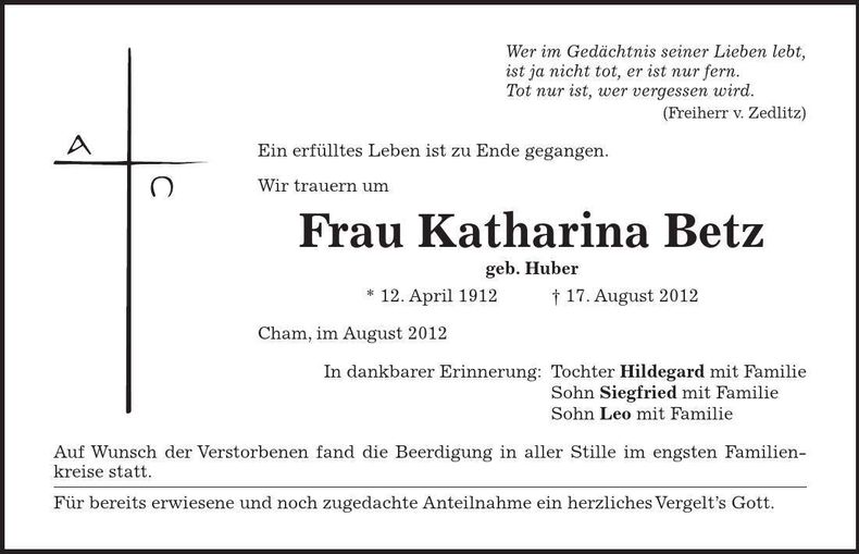 Traueranzeige Katharina Betz